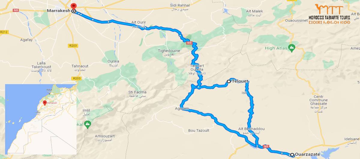 Road Map of Marrakech to Ait ben haddou and ouarzazate day trip 2023/24/25