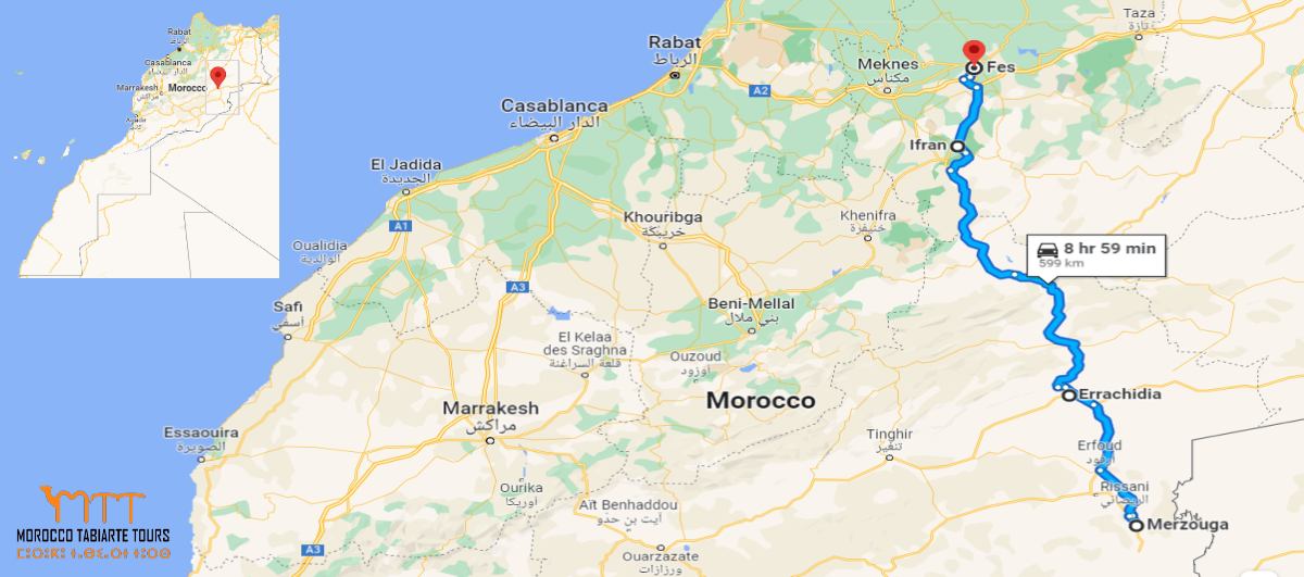 Road Map of Merzouga to Fes Desert Tours 2022/23/24
