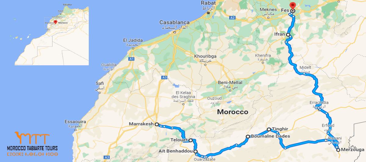 Road Map of 2,3,4,5 days tour from Marrakech to Fes 2022/23/24