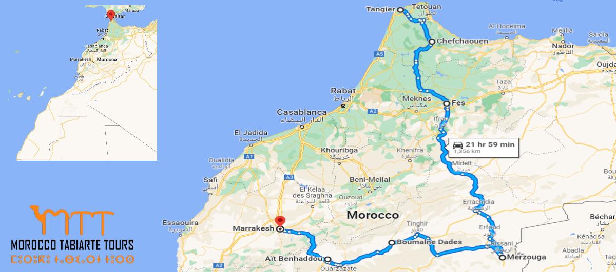 Road Map of Tangier Private Tours 5, 6 days in Morocco 2022/23/24