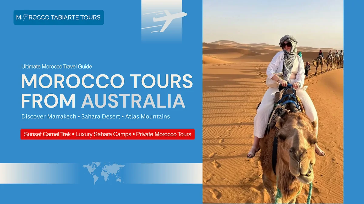 Best Morocco Tours from Australia – Sahara Desert Experience Best Morocco tours from Australia camel trekking in Sahara desert near Merzouga with sunset dunes