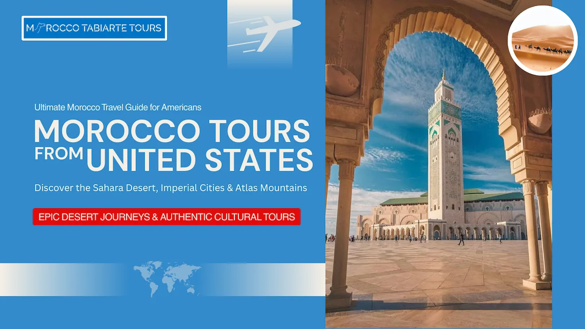 Morocco Tours from USA – Sahara Desert Camel Trek Experience American travelers enjoying a camel trek across the golden dunes of Erg Chebbi during a Morocco Sahara desert tour.