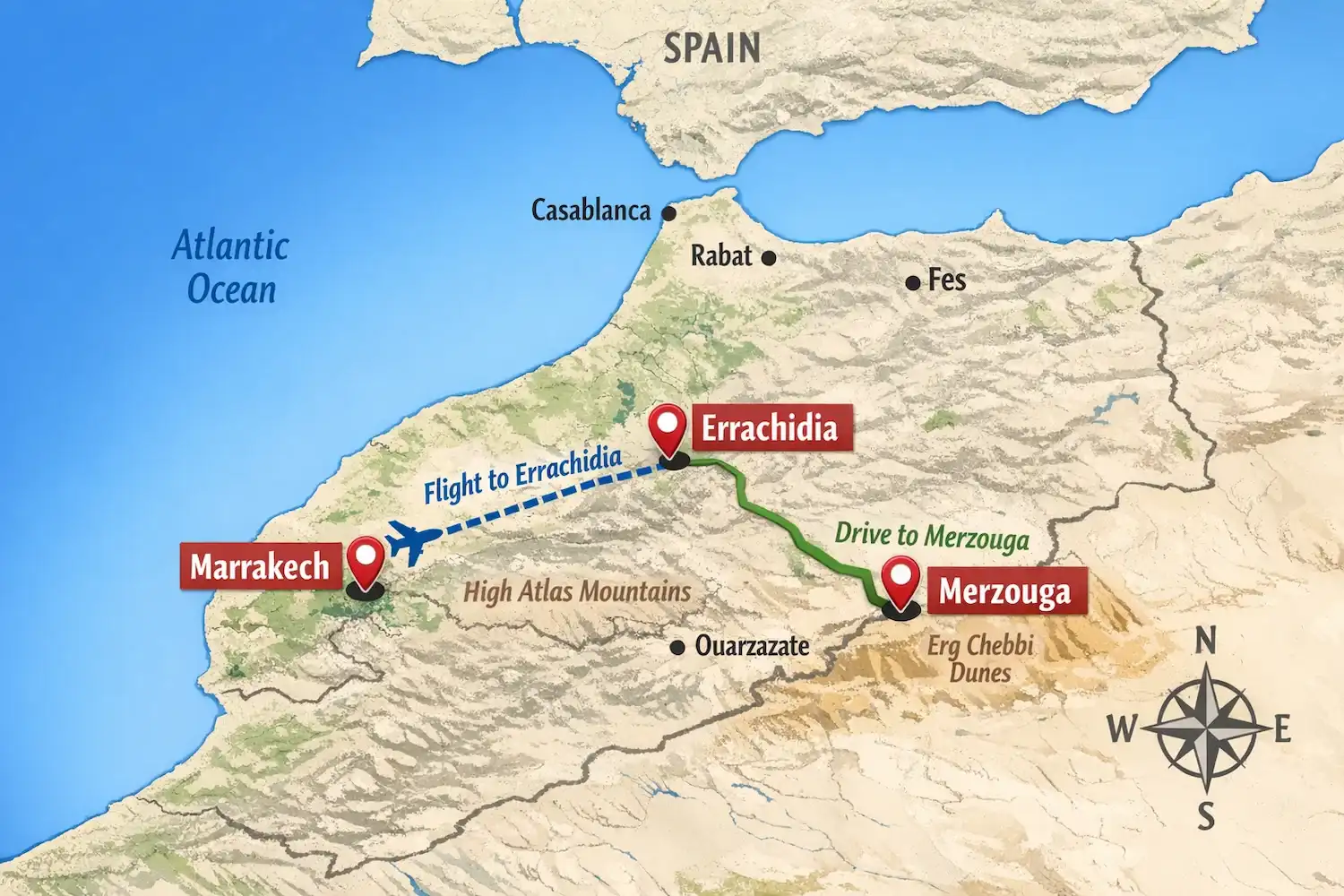 Marrakech to Merzouga Travel Guide – Best Ways to Reach the Sahara Desert Marrakech to Merzouga desert route with golden Erg Chebbi dunes and camel trekking in the Sahara Desert Morocco