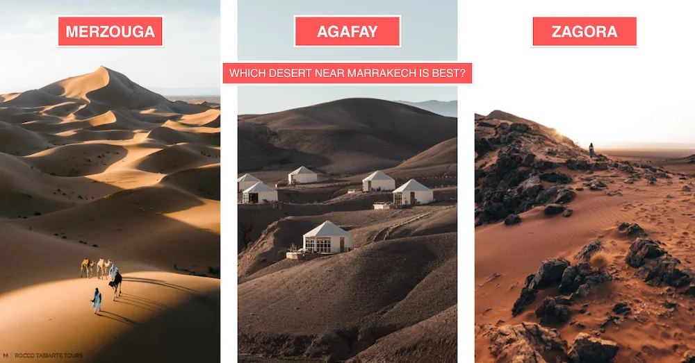 Agafay vs Zagora vs Merzouga – Best Desert Near Marrakech, Morocco Comparison of Agafay Desert, Zagora desert, and Merzouga Sahara dunes near Marrakech, showing three unique desert landscapes in Morocco.